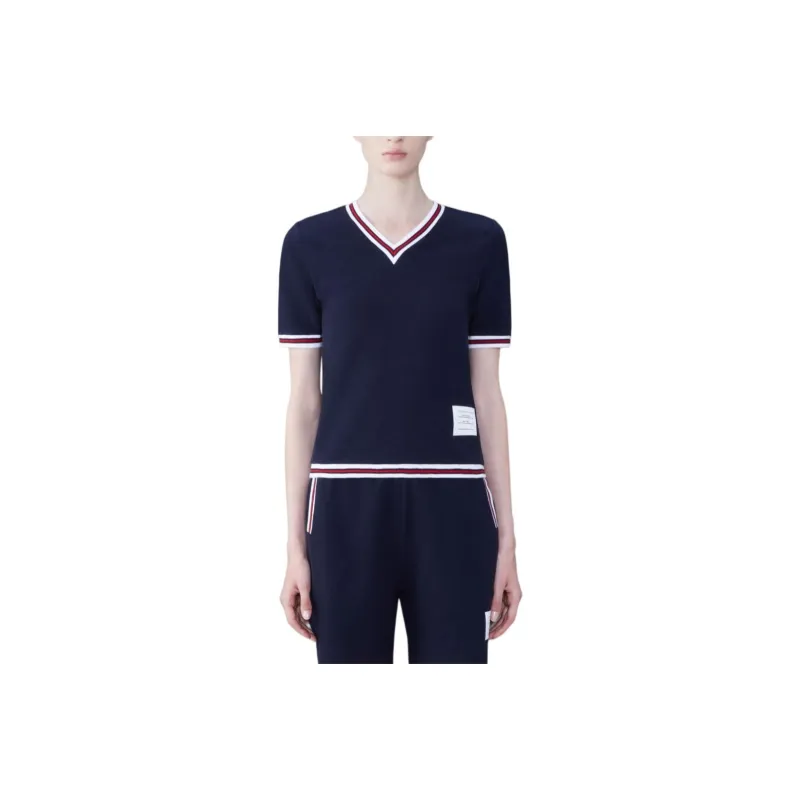 THOM BROWNE Cricket-stripe V-neck T-shirt-0
