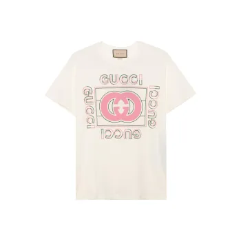 GUCCI Women's Oversized Vintage Logo Print T Shirt Off White/Pink/Green