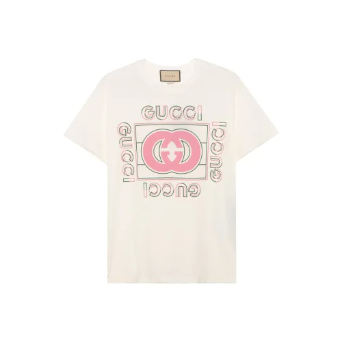 GUCCI Women's Oversized Vintage Logo Print T Shirt Off White/Pink/Green