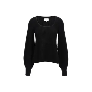Loulou De Saison Black Cashmere Ribbed Knit U neck Long Sleeves Elasticated Cuffs Short Side Slits Straight Hem
