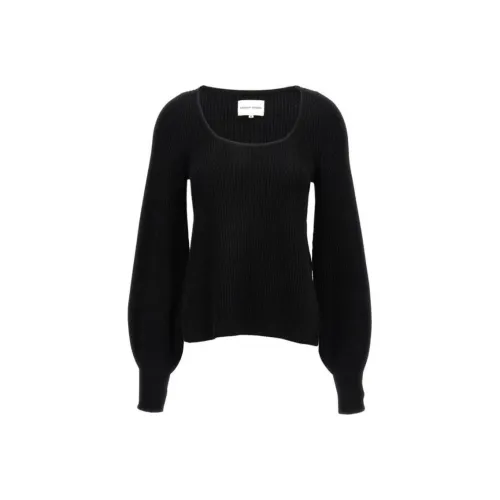 Loulou De Saison Black Cashmere Ribbed Knit U neck Long Sleeves Elasticated Cuffs Short Side Slits Straight Hem