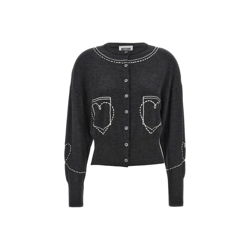 MOSCHINO Jeans Embroidered Designed Crewneck Cardigan-0
