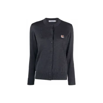 Maison Kitsune Fox Head Patch Adjusted R Neck Cardigan Anthracite Melange