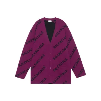 Balenciaga Logo Intarsia Wool Cardigan Purple