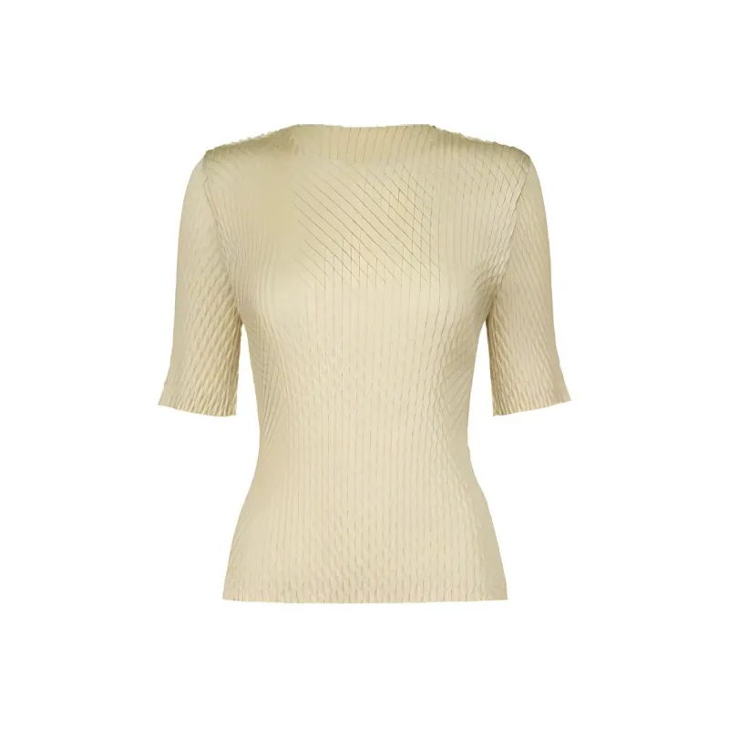 ISSEY MIYAKE Solid Color Crew Neck Slim Fit Pullover Short Sleeved T Shirt Women's Yellow-0