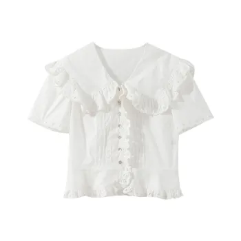 YUMOMO STAR Lapel Loose Fit Short Sleeved Shirt Women's Simple White