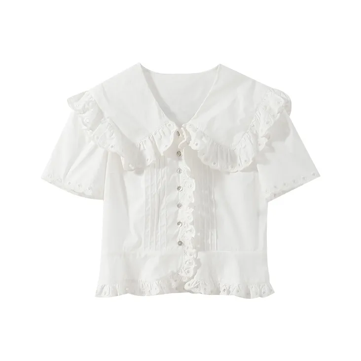 YUMOMO STAR Lapel Loose Fit Short Sleeved Shirt Women's Simple White-0
