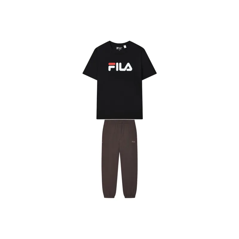 FILA Casual Sportswear Unisex Suit Onyx Black Short Sleeves+Dirt Brown Trousers-0