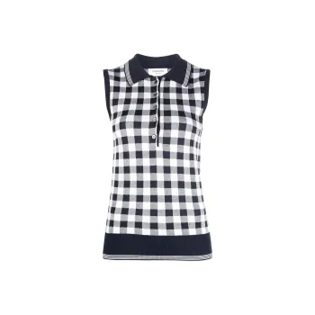THOM BROWNE Gingham jacquard Sleeveless Polo Top