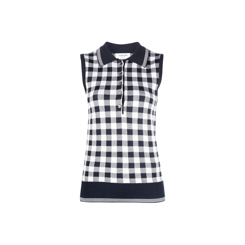 THOM BROWNE Gingham jacquard Sleeveless Polo Top-0