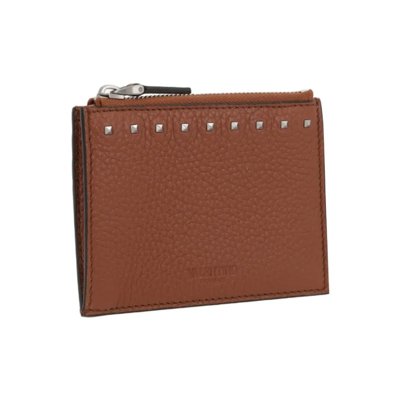 Valentino Rockstud Calfskin Card Holder Regular Men's Brown-1