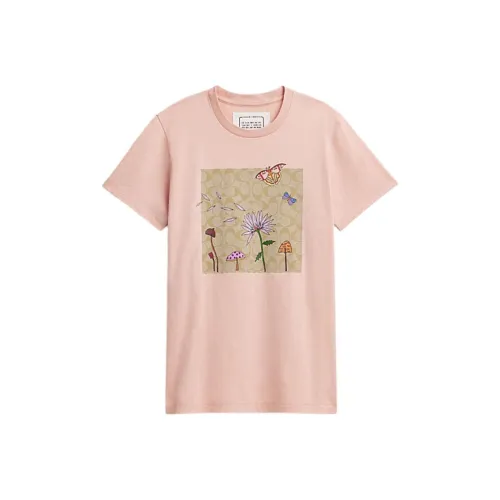 COACH Observed By Us Floral Print Crew Neck Short Sleeved T Shirt T Shirt Women's Pink