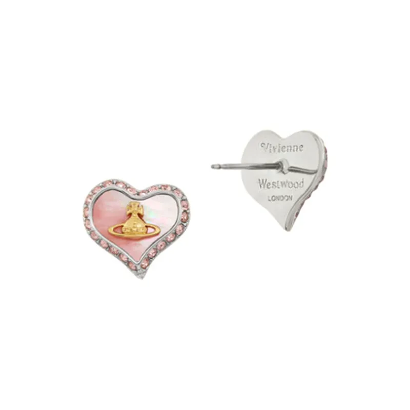 Vivienne Westwood Pearl Irregular Heart Saturn Logo Stud Earrings Women's Silver/Cherry Blossom Pink-1