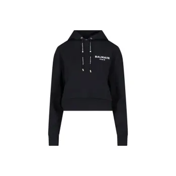 BALMAIN Flocked Logo Drawstring Cropped Hoodie