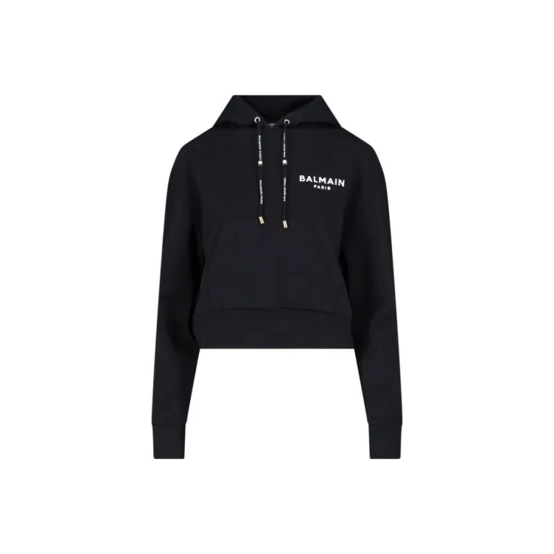 BALMAIN Flocked Logo Drawstring Cropped Hoodie-0