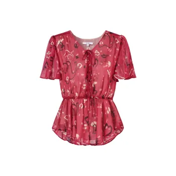 JZ Juzui Chiffon Shirt Women's Red Flower