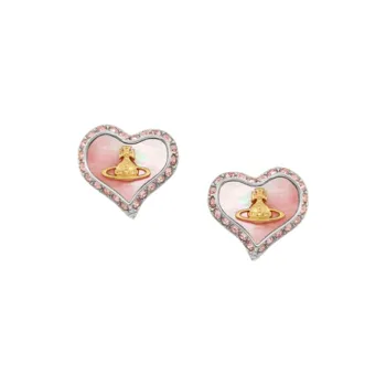 Vivienne Westwood Pearl Irregular Heart Saturn Logo Stud Earrings Women's Silver/Cherry Blossom Pink