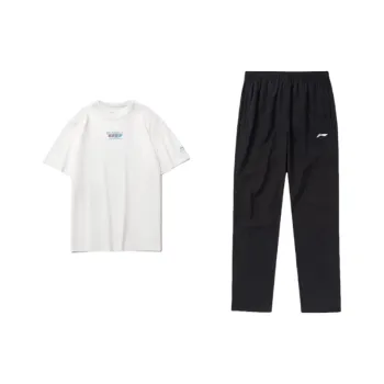LINING Casual Sportswear Men Clothing Set White T Shirt+Black Pants