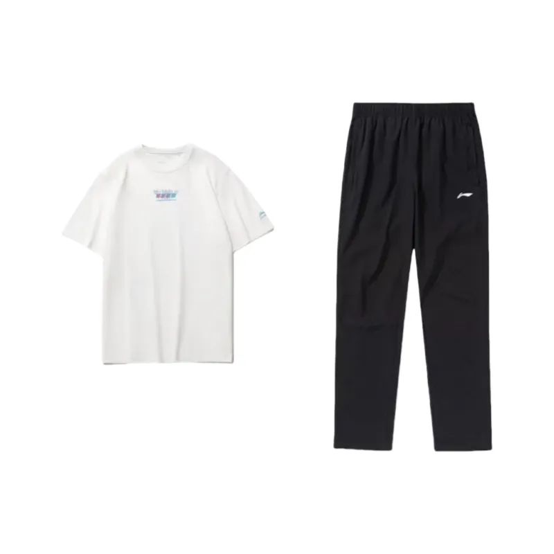 LINING Casual Sportswear Men Clothing Set White T Shirt+Black Pants-0