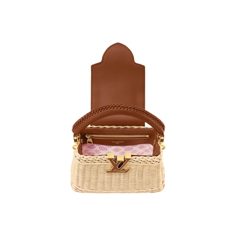 LOUIS VUITTON Capucines Rattan And Cow Leather Woven Bag, One Shoulder Handbag Mini Women's Beige & Brown-3