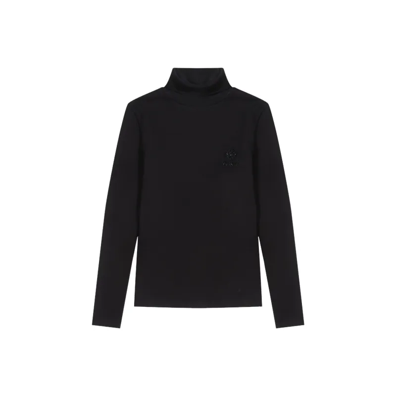 C'N'C Four Leaf Clover Logo Solid Color Turtleneck High Rebound Slim Fit Base Layer Long Sleeved T Shirts Women's-0