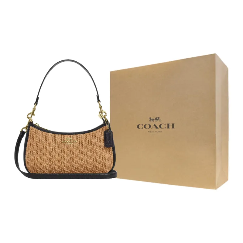 COACH Teri Straw Handbag, Shoulder Bag Medium Size Women's Khaki & Black-9