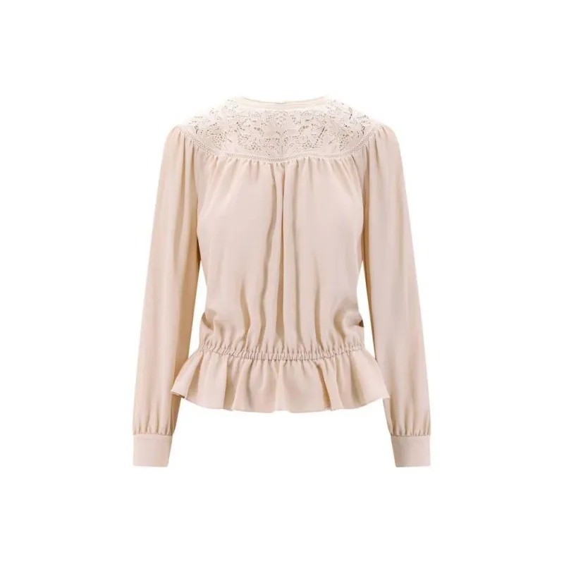 CELINE Guipure Crewneck Long Sleeved Blouse-0