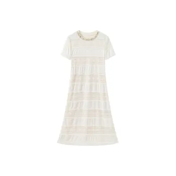 Fish Rabbits Spring Summer Short Sleeved Dress Women's Milk White Long