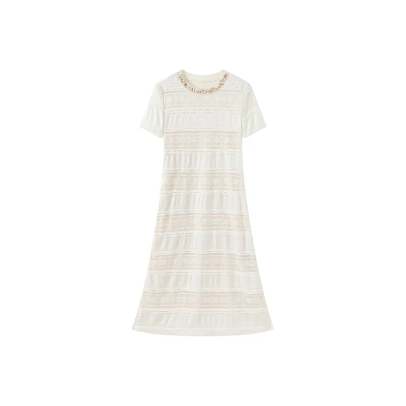 Fish Rabbits Spring Summer Short Sleeved Dress Women's Milk White Long-0