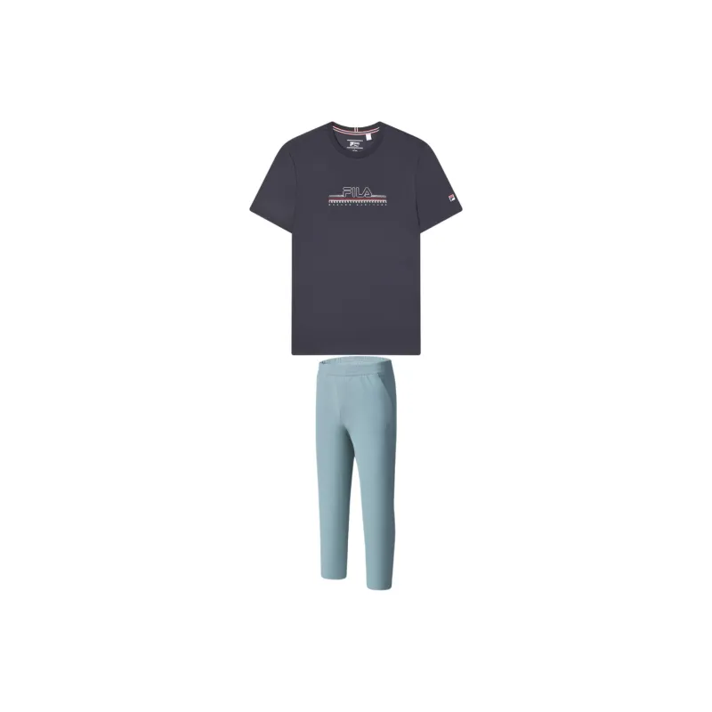 FILA Casual Sportswear Men Clothing Sets Legend Blue Top+Canary Blue Pants-0