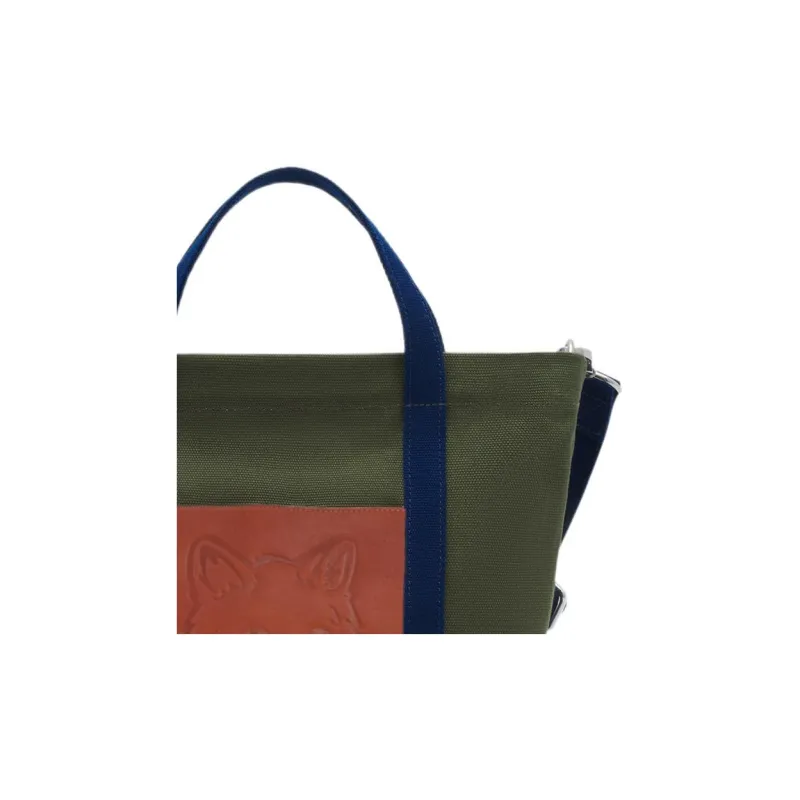 Maison Kitsune Cotton With Leather Shoulder Bag Crossbody Bag Handbag Mini Women's Army Green With Ink Blue Accents-4