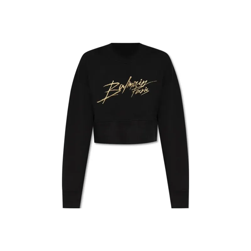 BALMAIN Logo Printed Cropped Sweatshirt 'Black/Gold'-0