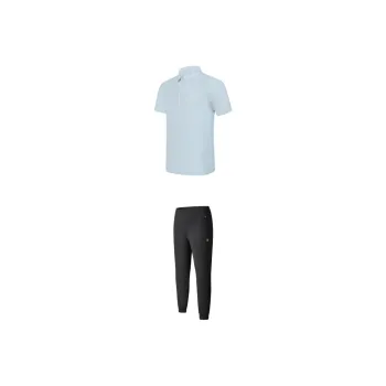 FILA Casual Sportswear Men Clothing Sets Alice Blue Short Sleeved Shirt+Dark Flow Black Pants
