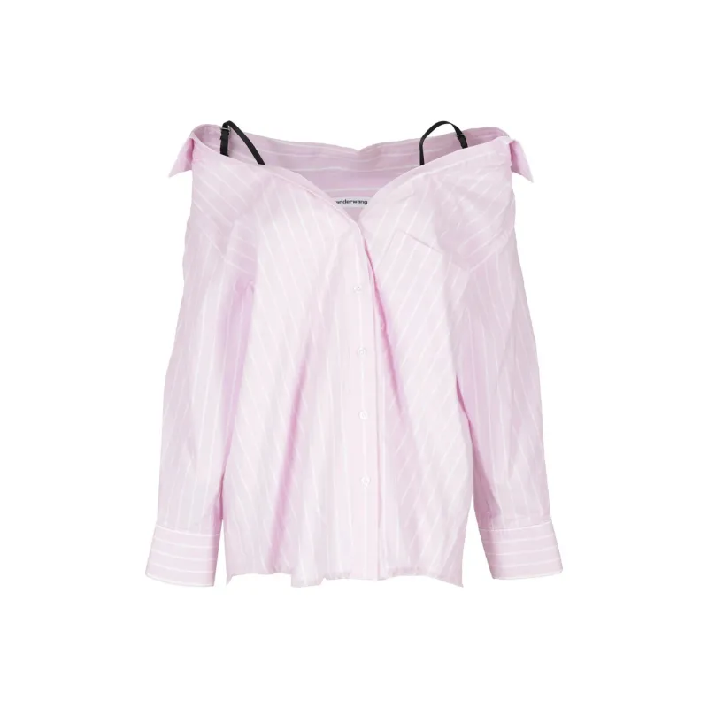 T By Alexander Wang Off Shoulder Boyfriend Charm Bra Strap Shirt Light Pink/White-0