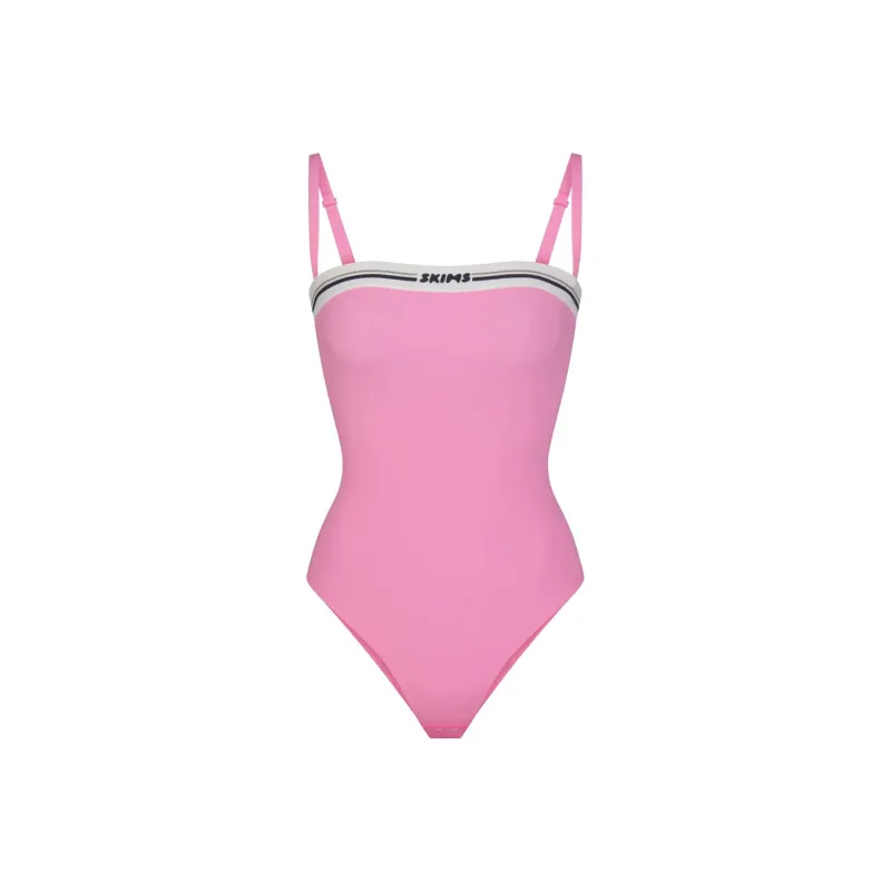 SKIMS FITS EVERYBODY LOGO STRAIGHT NECK BODYSUIT Bodysuits Women's SUGAR PINK/Candy Pink-0