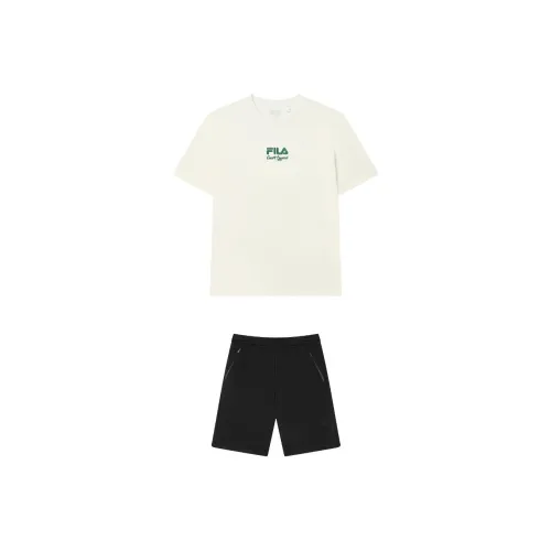 FILA Casual Sportswear Men Clothing Set Sweet Cream Top+Jet Black Shorts