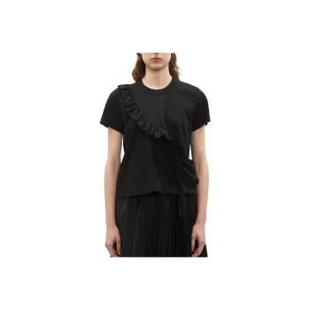 LA GARCONNE Solid Color Pleated Crew Neck Pullover Loose Fit Short-Sleeved T-Shirt Women's Black