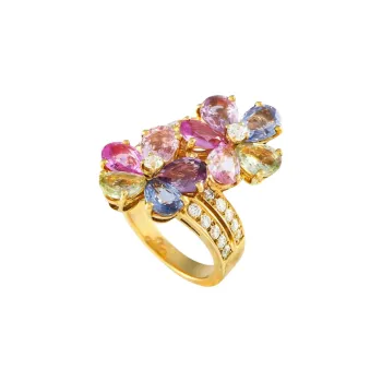 BVLGARI 18K Yellow Gold Flower Diamond And Sapphire Ring