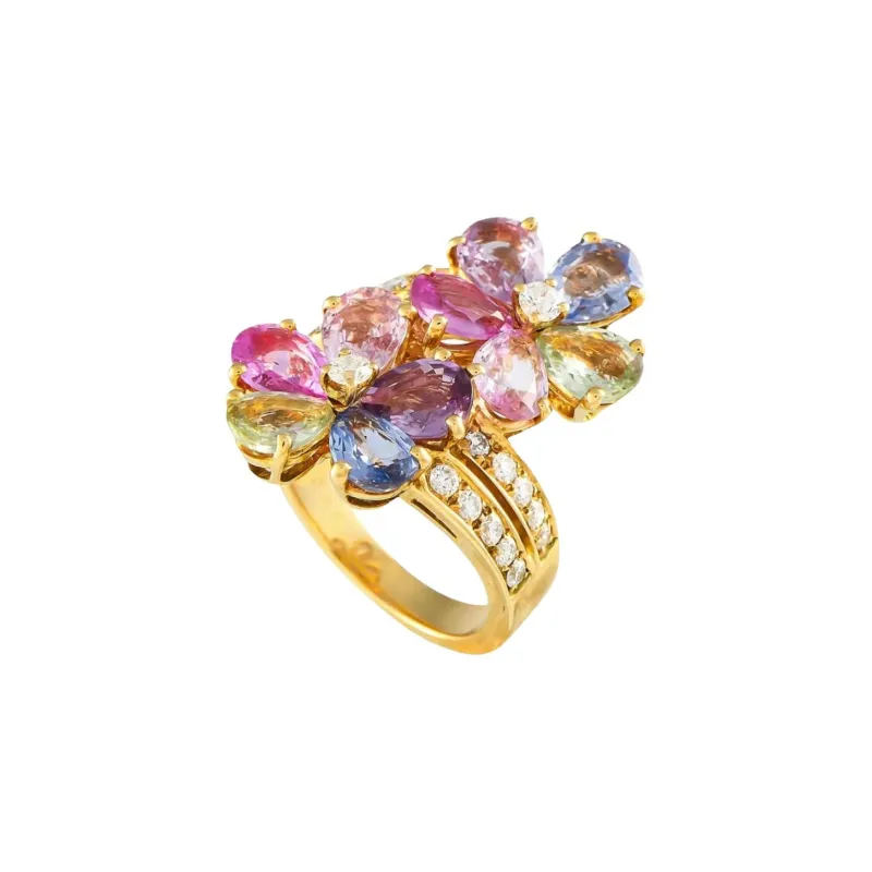 BVLGARI 18K Yellow Gold Flower Diamond And Sapphire Ring-0