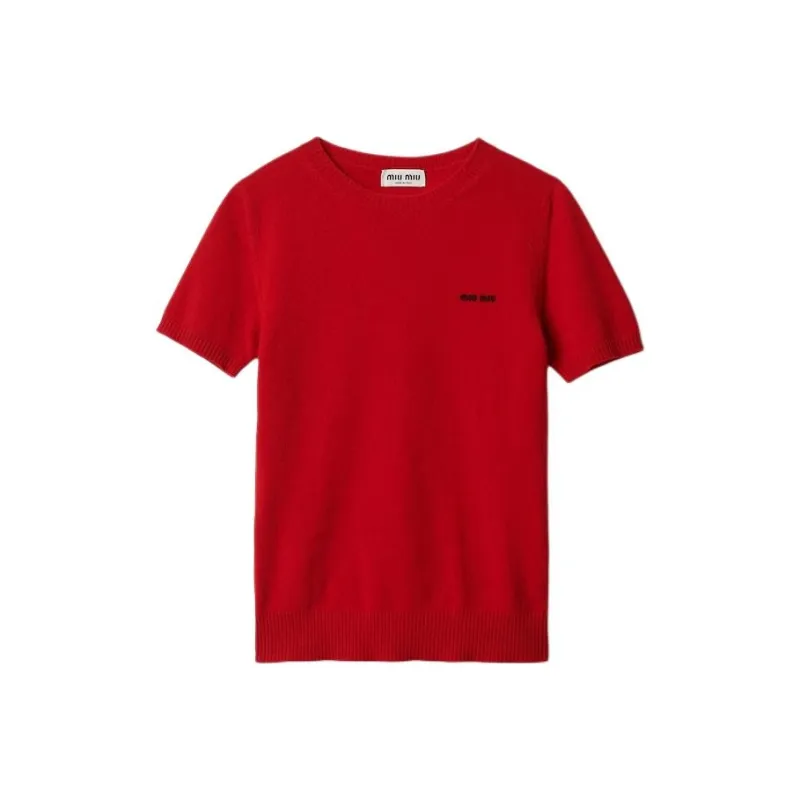 MIU MIU Logo Intarsia Knitted Short Sleeved Pullover-9