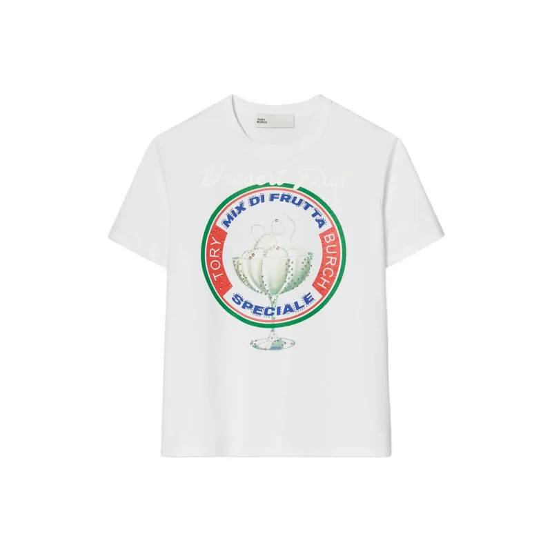 TORY BURCH Saint Ice Cream Print Crew Neck Short Sleeved T Shirt Women's White-0