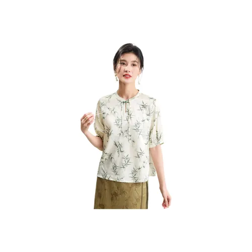 JINJU Regular T Shirt Women's Green Bamboo Leaf Flower