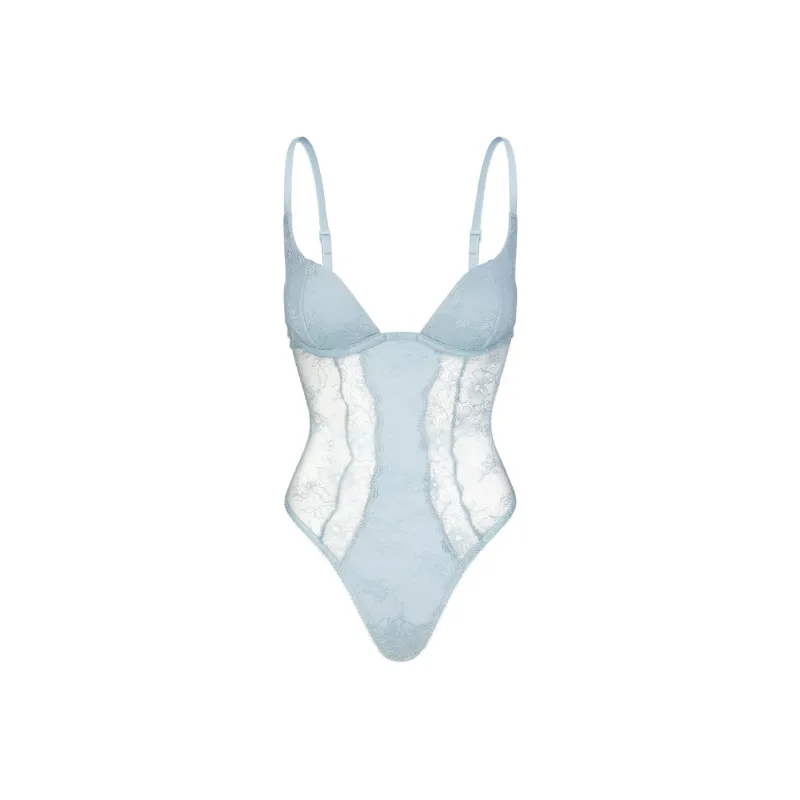SKIMS ULTRA FINE LACE LINED PLUNGE BODYSUIT Bodysuits Women's DENIM/Denim-0