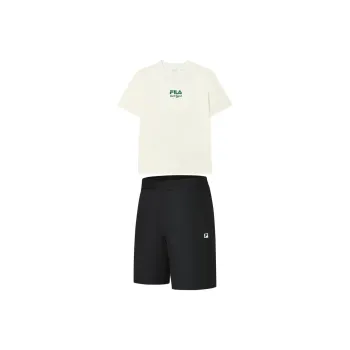 FILA Casual Sportswear Men Clothing Sets Sweet Cream Short Sleeved+Pitch Black Shorts