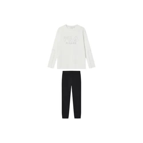 FILA Casual Sportswear Men Clothing Set Cloud White T Shirt+Jet Black Pants