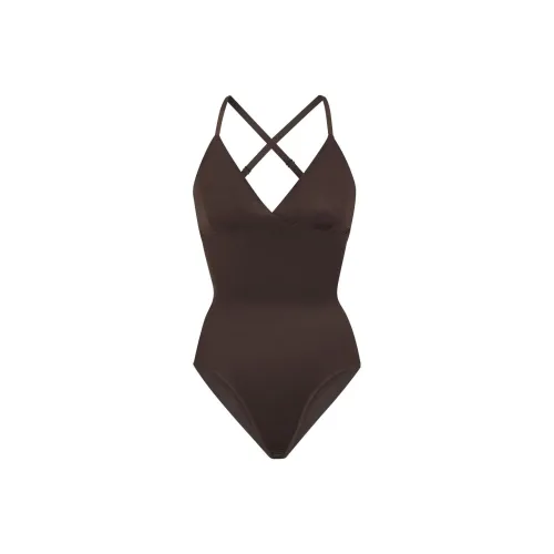 SKIMS BARELY THERE BODYSUIT BRIEF W/SNAPS Bodysuits Women's Familiar Brown ESPRESSO