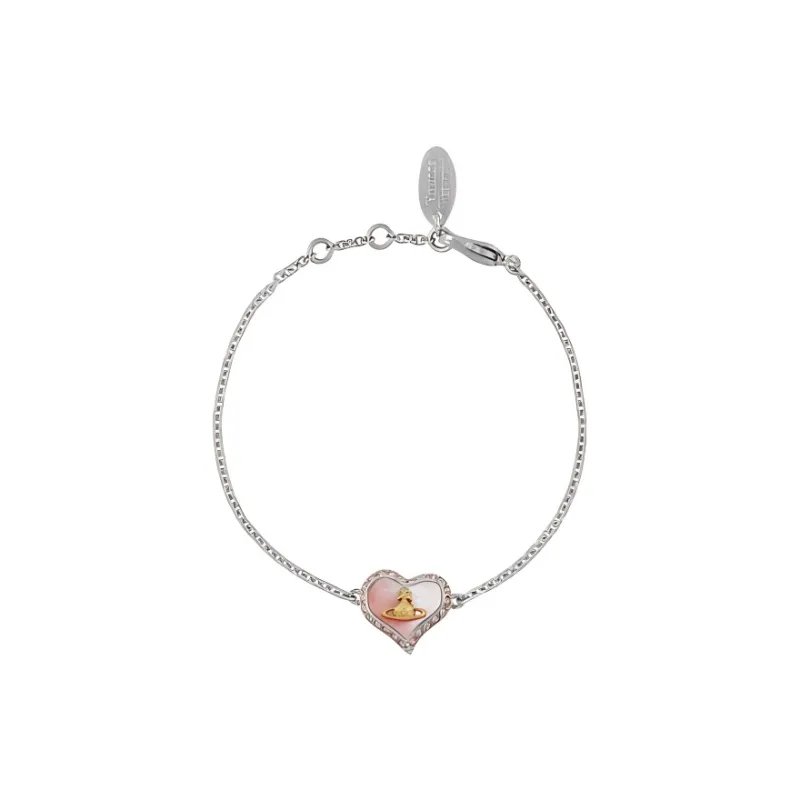 Vivienne Westwood Brass Irregular Heart Saturn Logo Bracelet Women's Silver/Cherry Blossom Pink-0