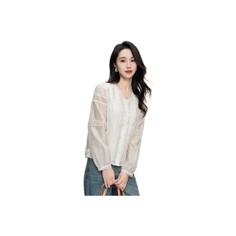 Shavani Lace Patchwork Elegance Sweet Style Shirt Women's Beige-0