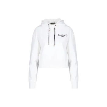 BALMAIN Flocked Logo Drawstring Cropped Hoodie