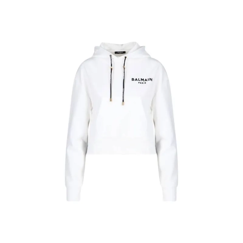 BALMAIN Flocked Logo Drawstring Cropped Hoodie-0